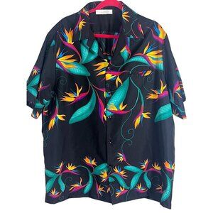 Hilo Hatties Hawaiian Shirt Men 2X Black Tropical Aloha Birds of Paradise Resort